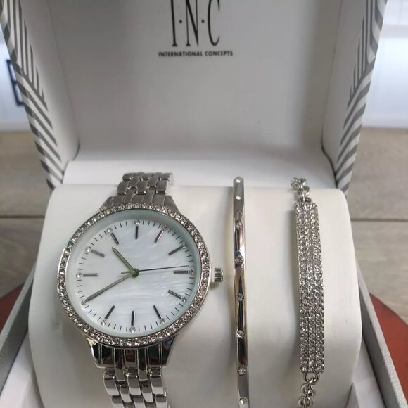 Womens INC International Concepts Silver Tone Rhinestones Watch & Bracelet Set - Picture 1 of 4